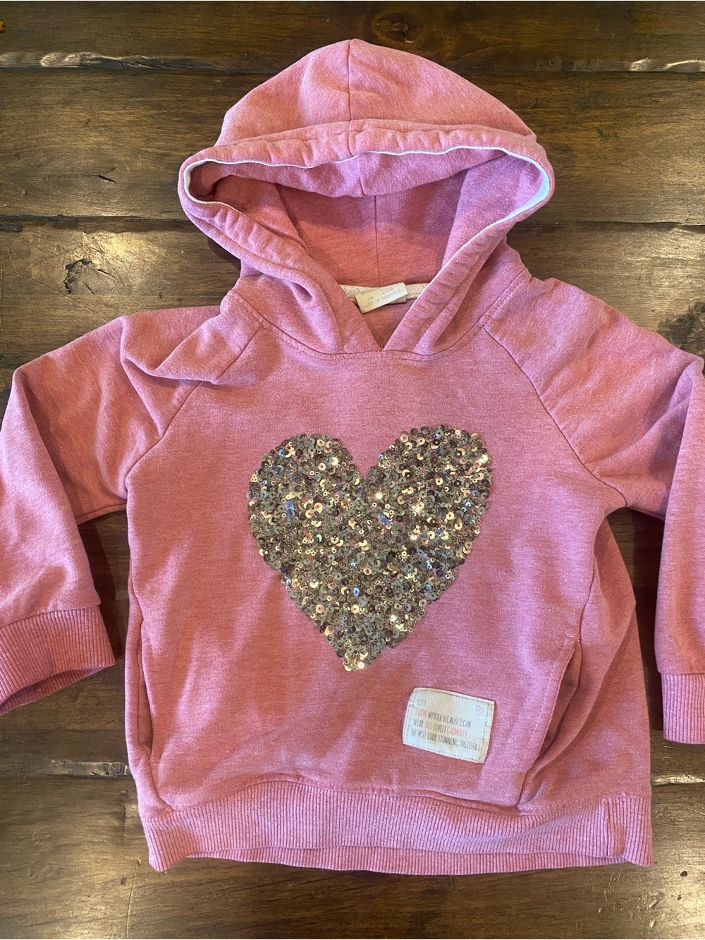 Zara Girls Pink Sequin Heart Hooded Sweatshirt- 4T